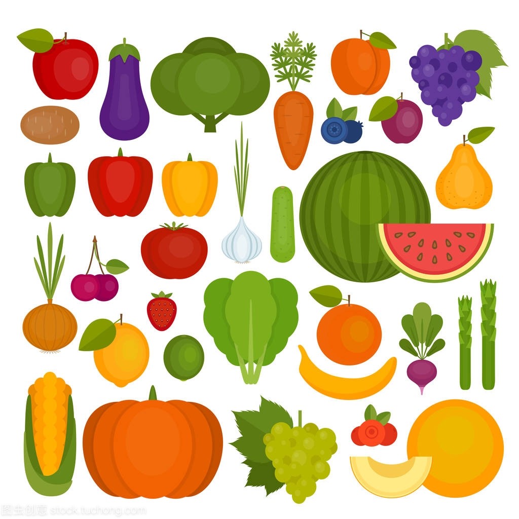 水果和蔬菜的设置。有机食品和健康食品。平面样式,矢量图